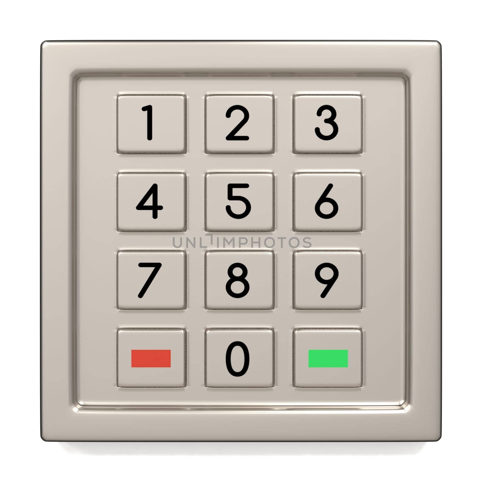 Atm machine keypad. Numbers buttons with additional red, yellow and green. Pin code safety, banking, electronic cash withdrawal, bank account access concept.
