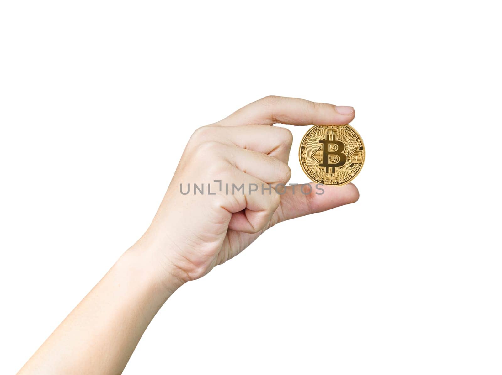 Woman holding some pieces of golden Bitcoin token , Bitcoin is one of the popular cryptocurrency