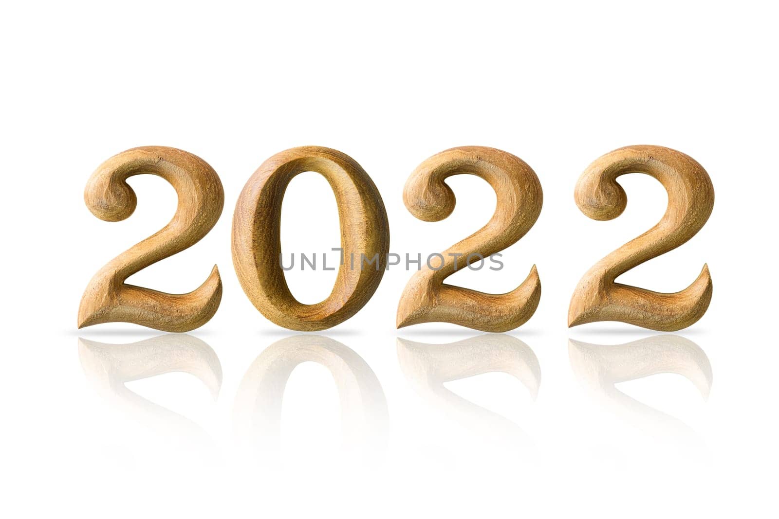 Beautiful wooden numeric 2022 with shadow on white background
