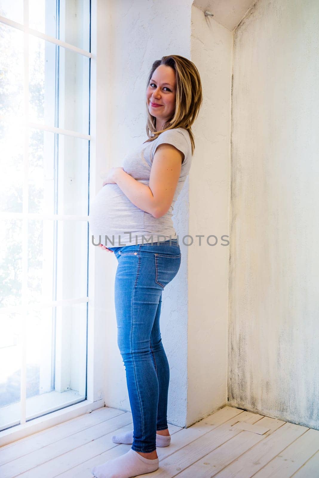 Beautiful pregnant woman standing near window at home.
