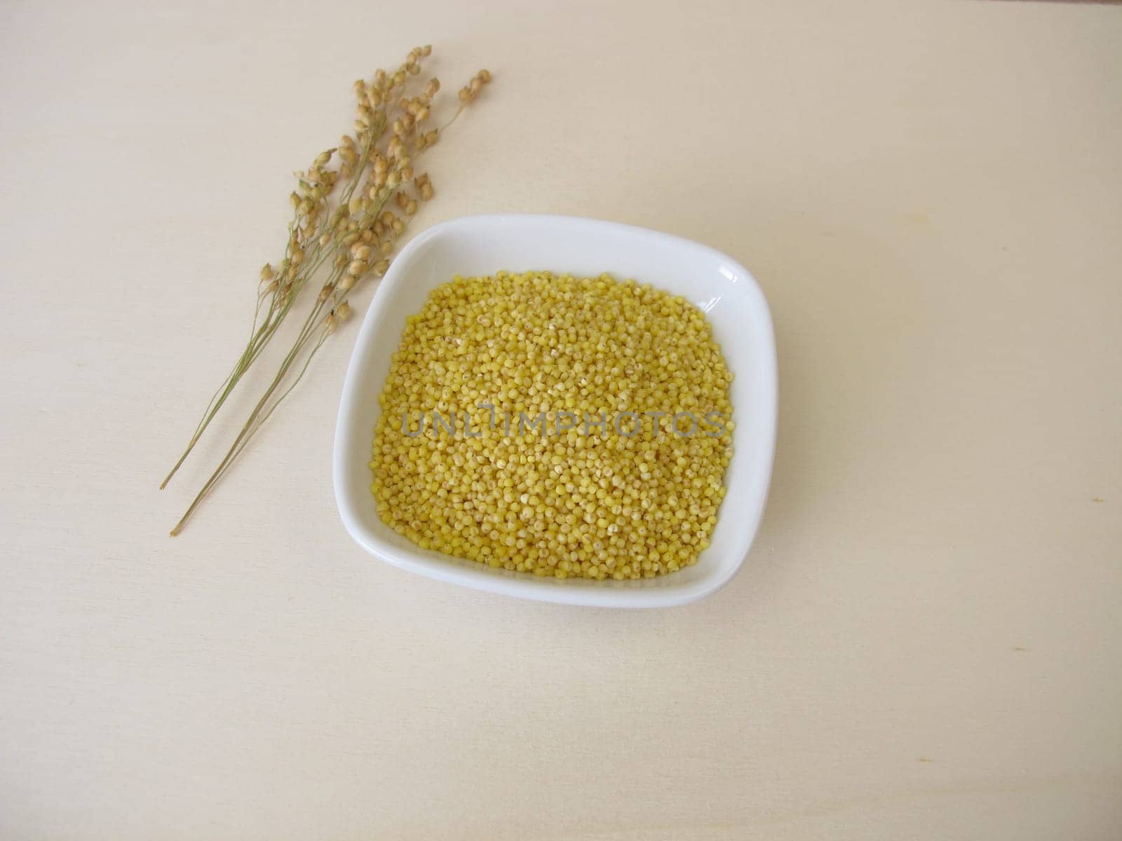 Small-seeded millet on wooden board
