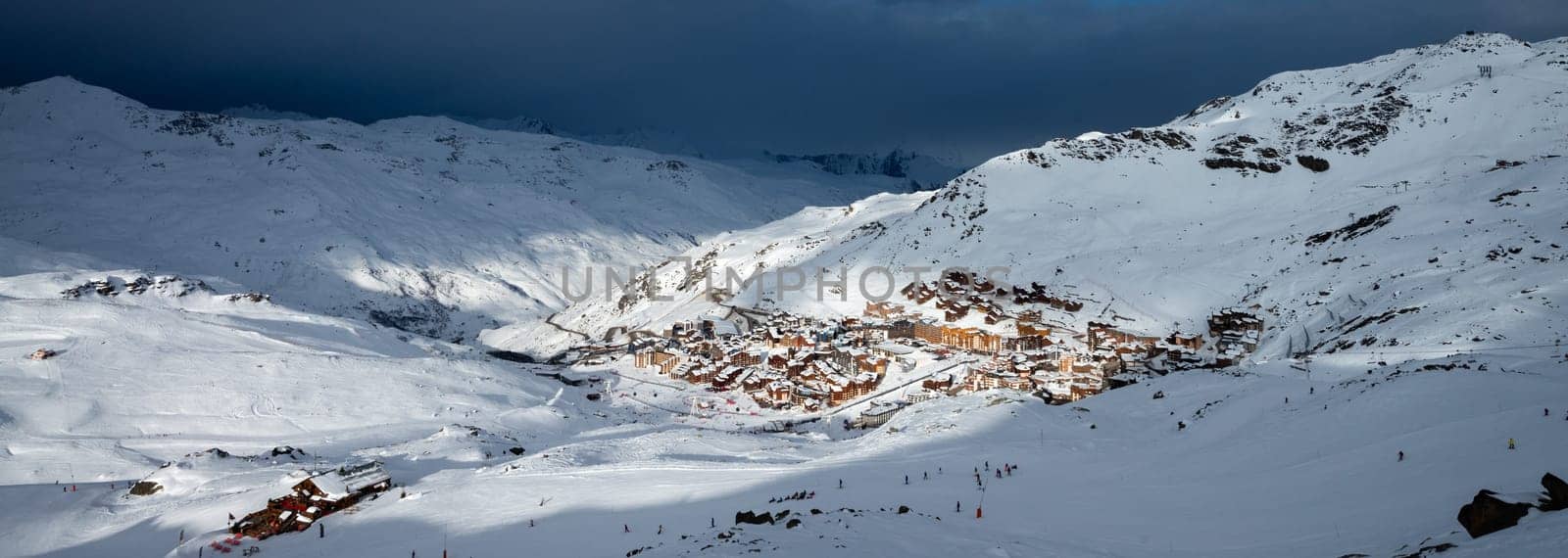 Panorama of famous Val Thorens in french alps by night, Vanoise, France.