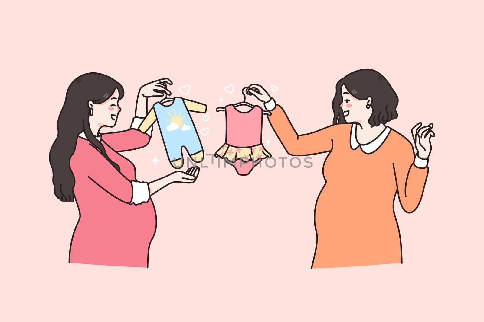 Happy maternity and pregnancy concept. Two smiling pregnant women standing choosing clothing for their babies boy and girl vector illustration