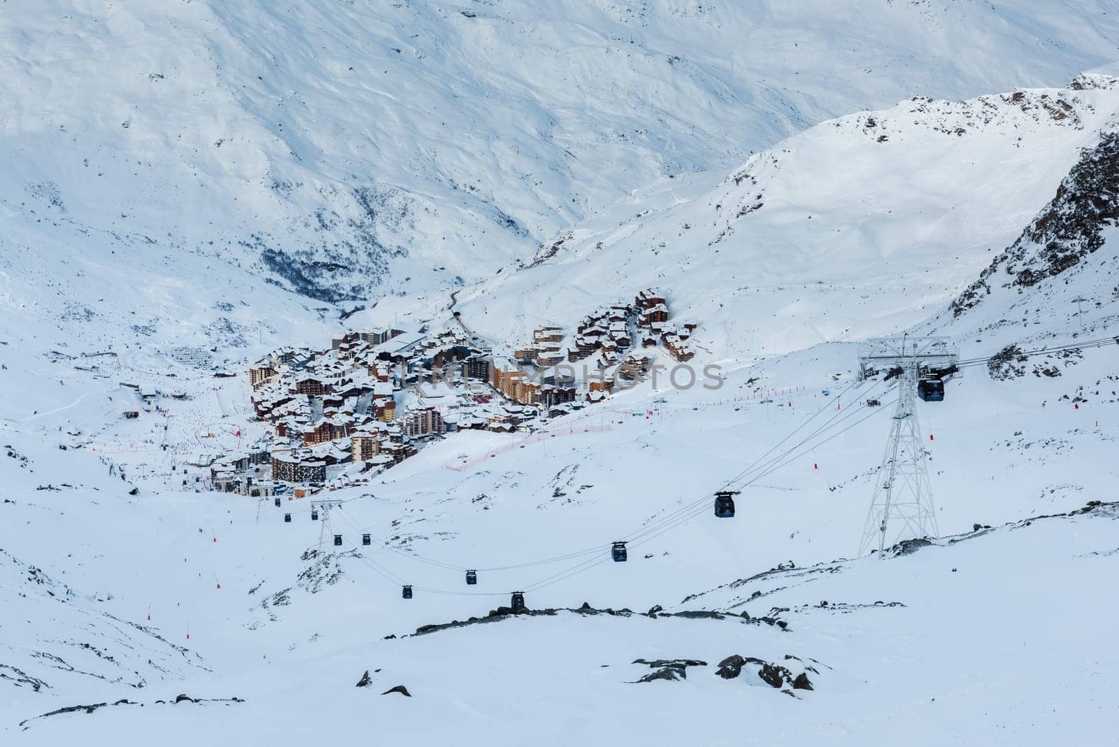 Panorama of famous Val Thorens in french alps by night, Vanoise, France.
