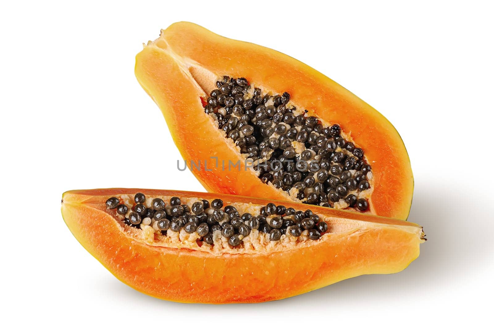 Half and quarter ripe papaya top wiev isolated on white background