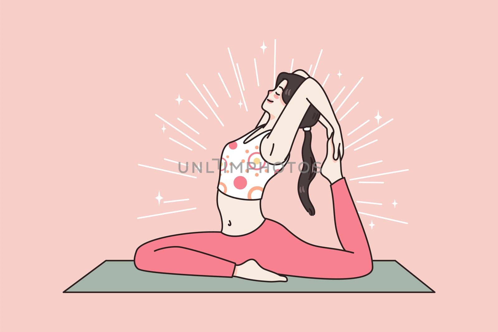 Active healthy lifestyle and sport concept. Young woman making stretching yoga or pilates workout on mat feeling harmony vector illustration