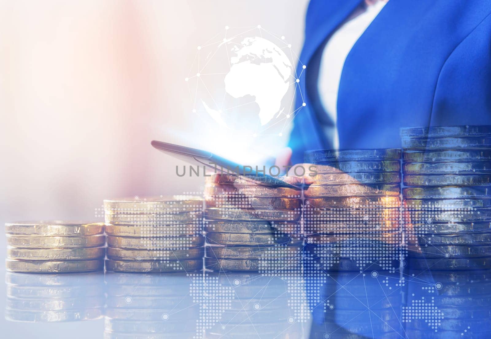 Double exposure online banking and internet banking and people networking account banking finance concept, Business women with laptop, phone, cellphone, tablet, smartphone mobile, and coin money on business office table