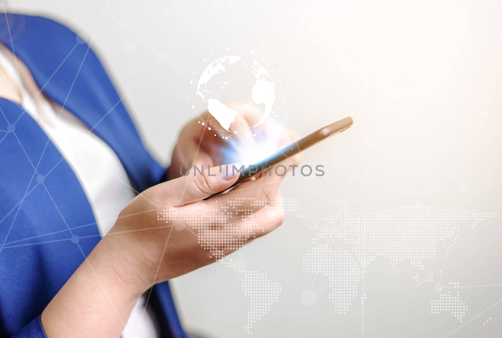Technology network and online banking and internet banking and networking people concept, Business women with smartphone mobile on blurred background