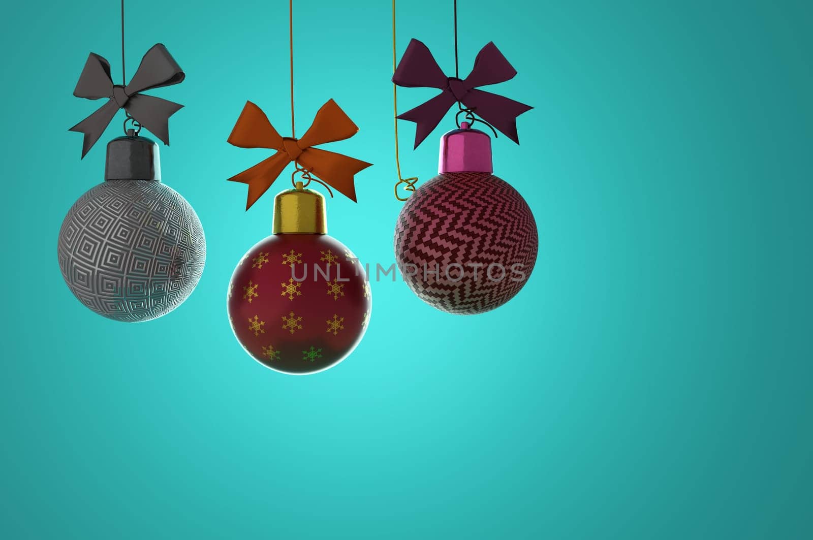 3d illustration. Hanging christmas balls  isolated on a green background . Copy space for logo and text