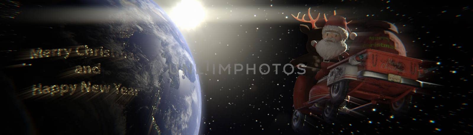 3d illustration. Santa Claus flies over the Earth with a spectacular sunset . copy space for logo and text