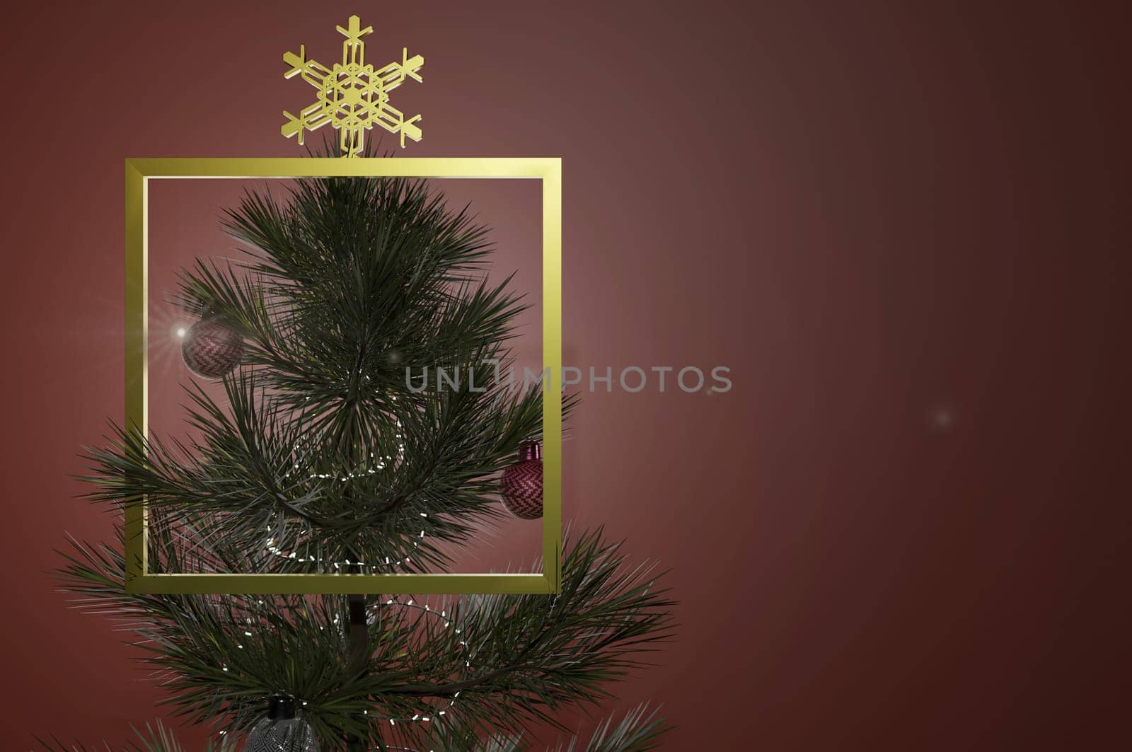 3d illustration. Decorated Christmas tree on blurred red background . Copy space for logo and text