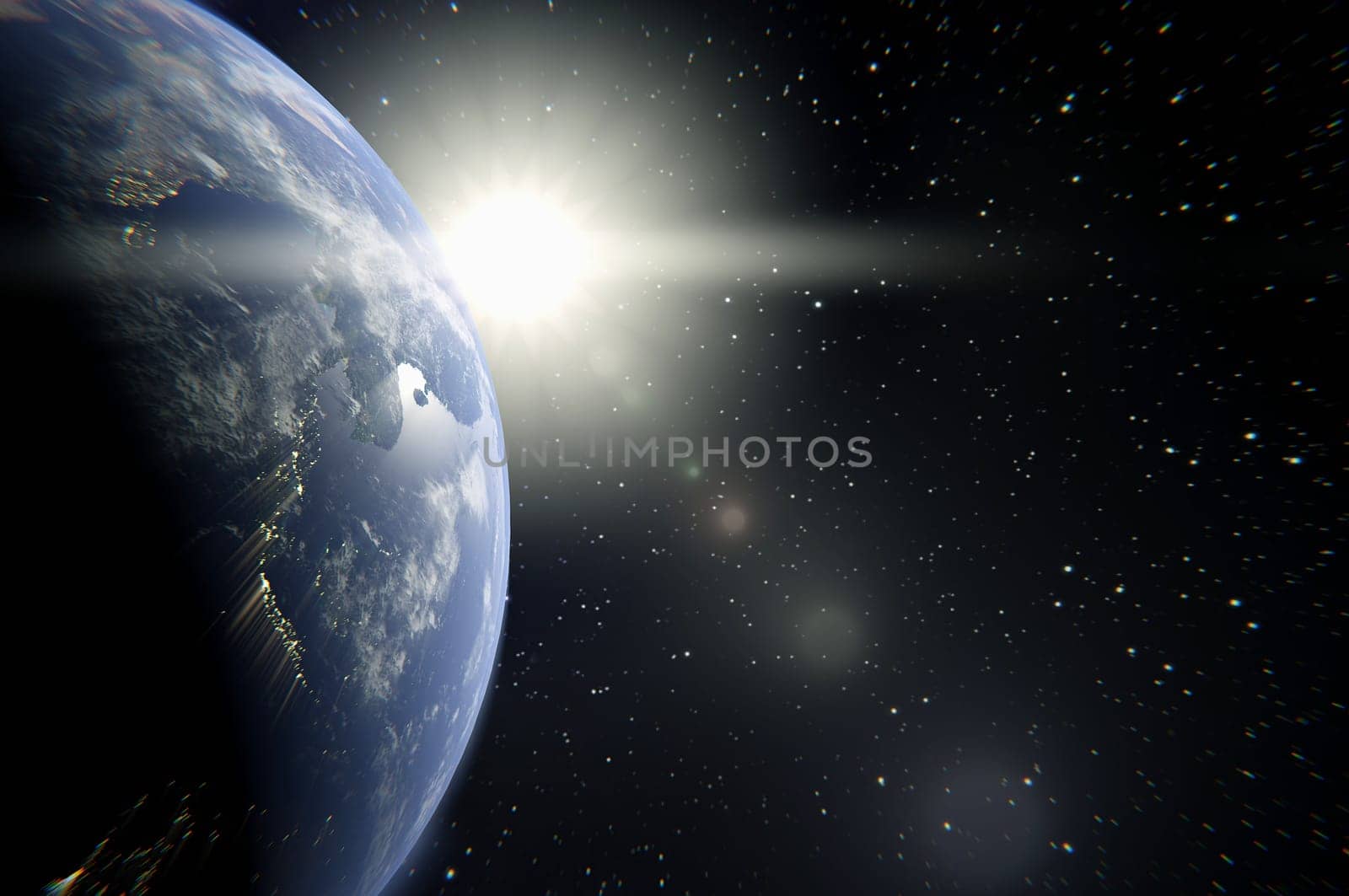 3d illustration. Planet Earth with a spectacular sunset . Copy space for logo and text