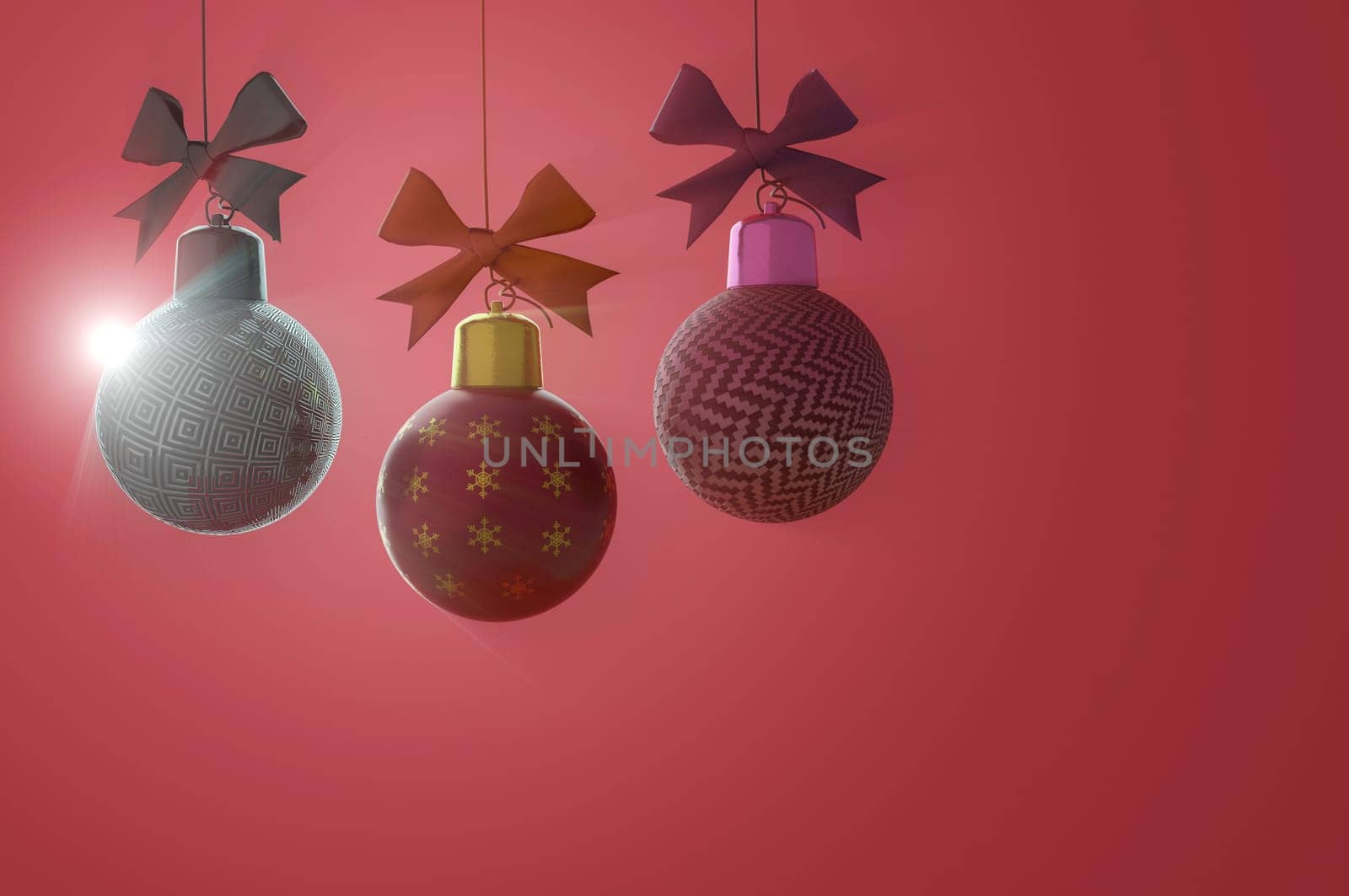 3d illustration. Hanging christmas balls isolated on a red background . Copy space for logo and text