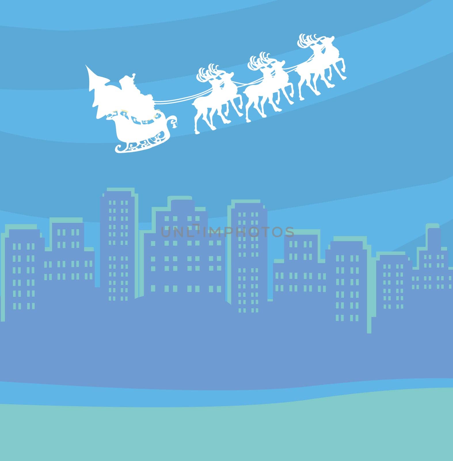 Merry Christmas card with Santa flying over the city
