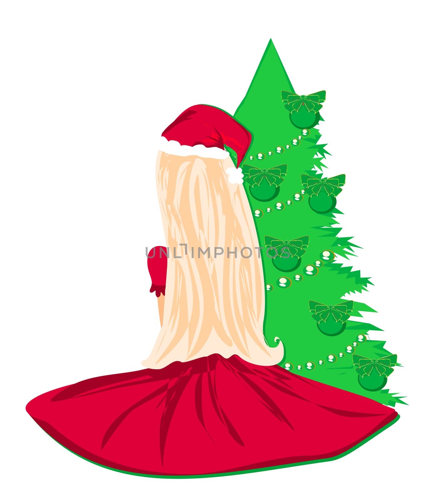 beautiful blonde girl sitting by the Christmas tree, isolated illustration