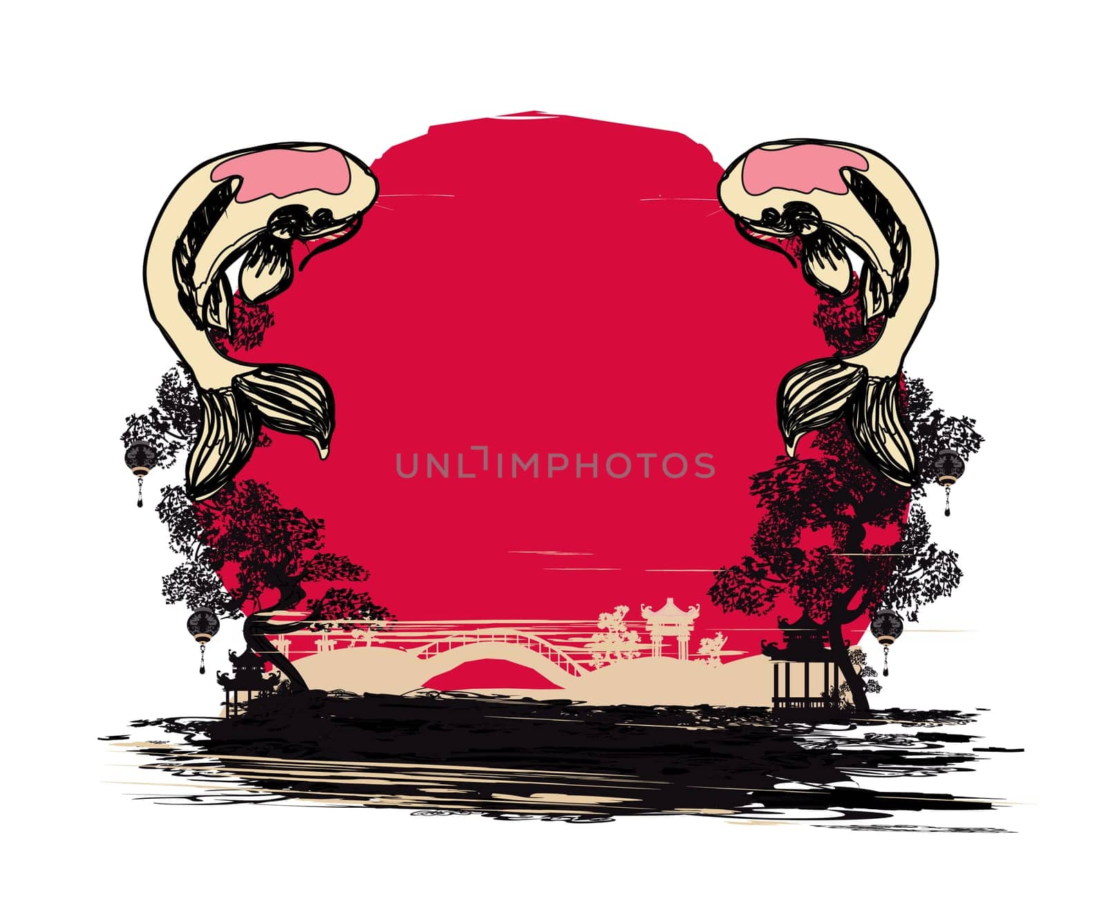 japanese koi and ancient building - decorative frame