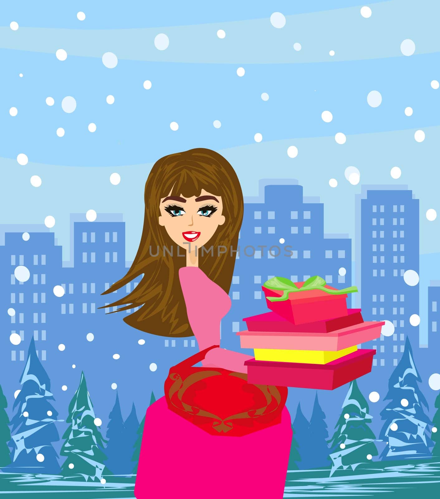 Beautiful girl on Christmas shopping - card