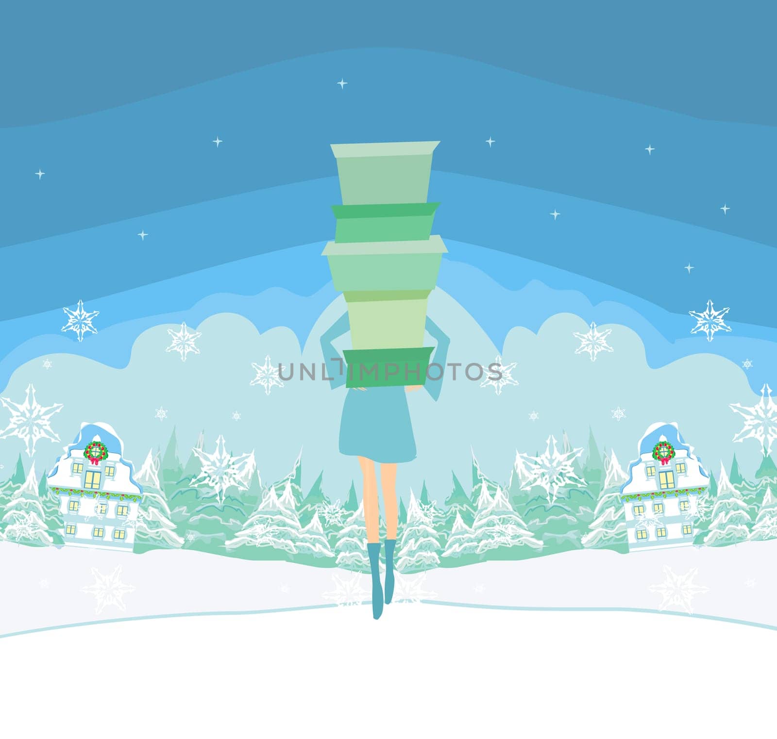 Beautiful girl on winter shopping, Christmas sale card