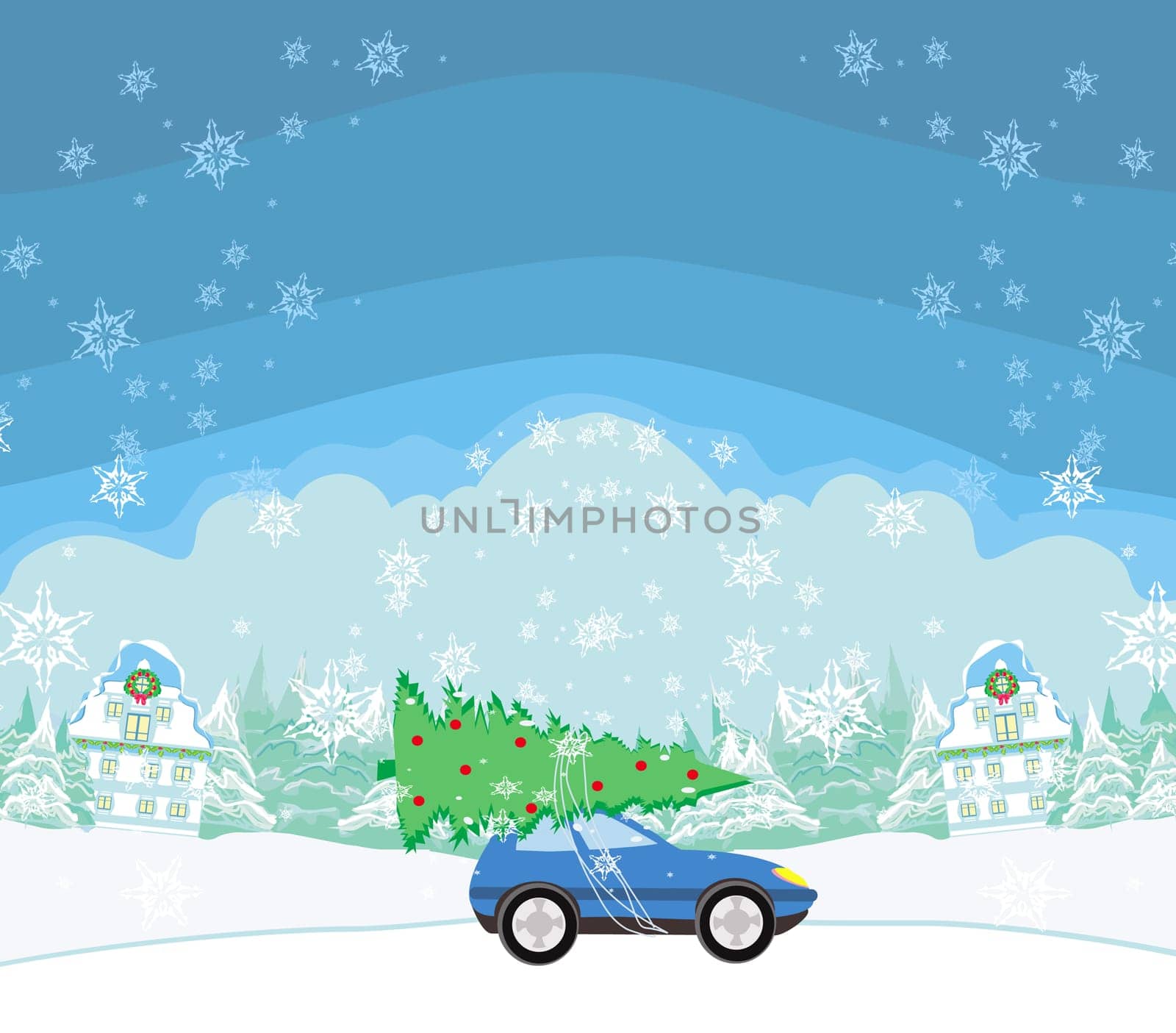 Car with a christmas tree on the roof