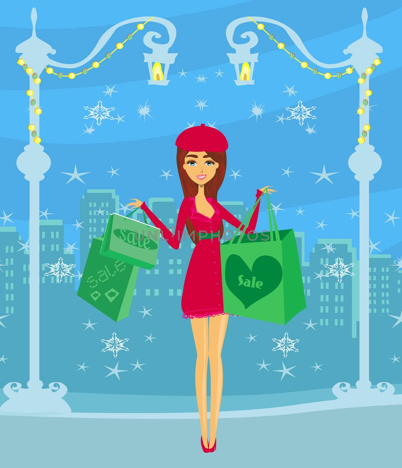beautiful elegant girl doing Christmas  shopping in the city
