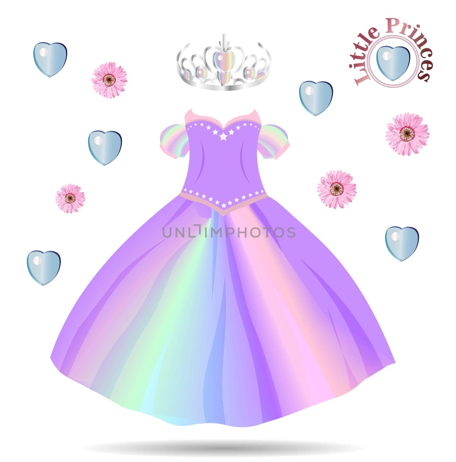 Vector fashion illustration. Beautiful wedding look. Elegant evening dress. Pattern of fashionable dress for little girls. Party clothes for babies. Baby suit. Princess. Tulle skirt.