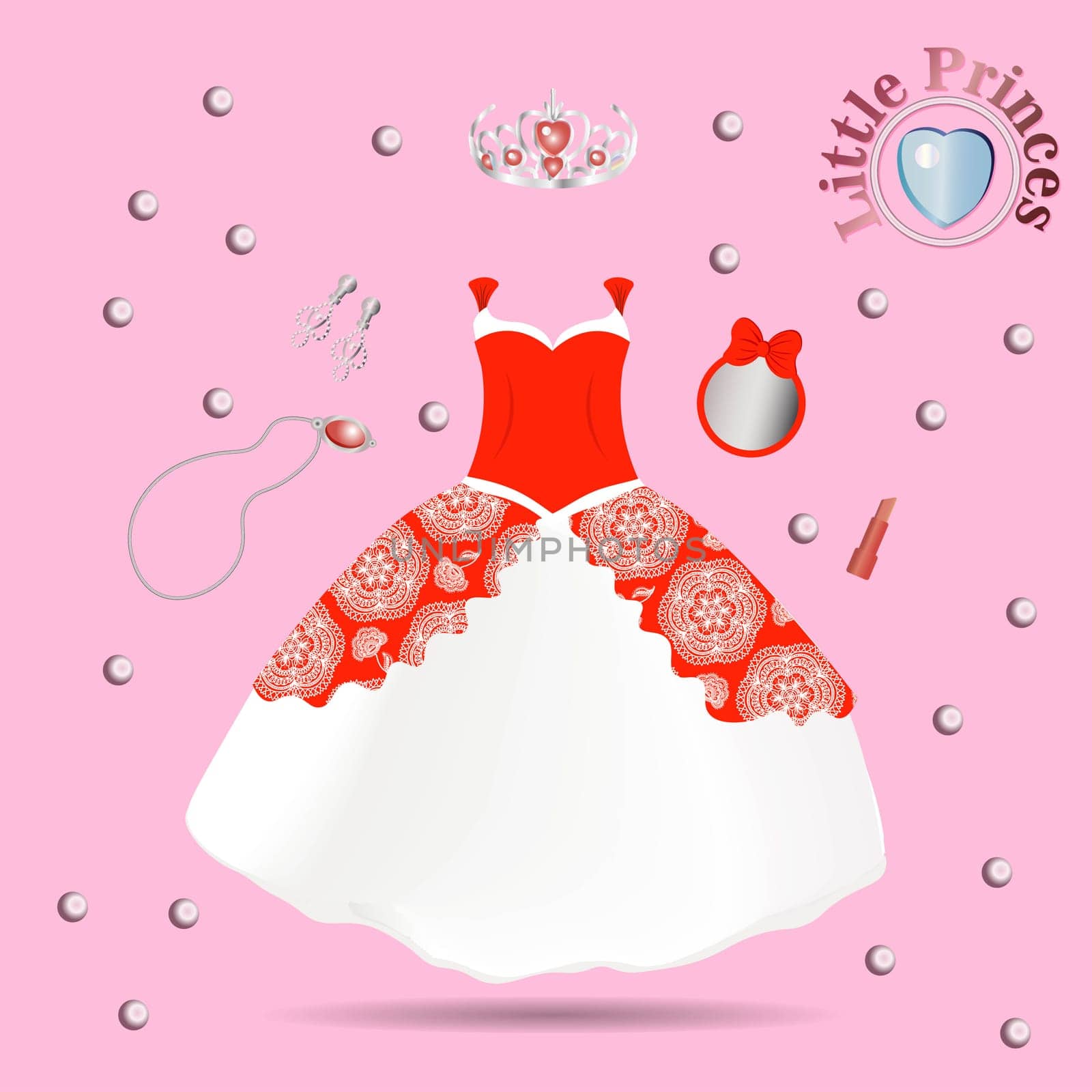 Vector fashion illustration. Beautiful wedding look. Elegant evening dress. Pattern of fashionable dress for little girls. Party clothes for babies. Baby suit. Princess. Tulle skirt.