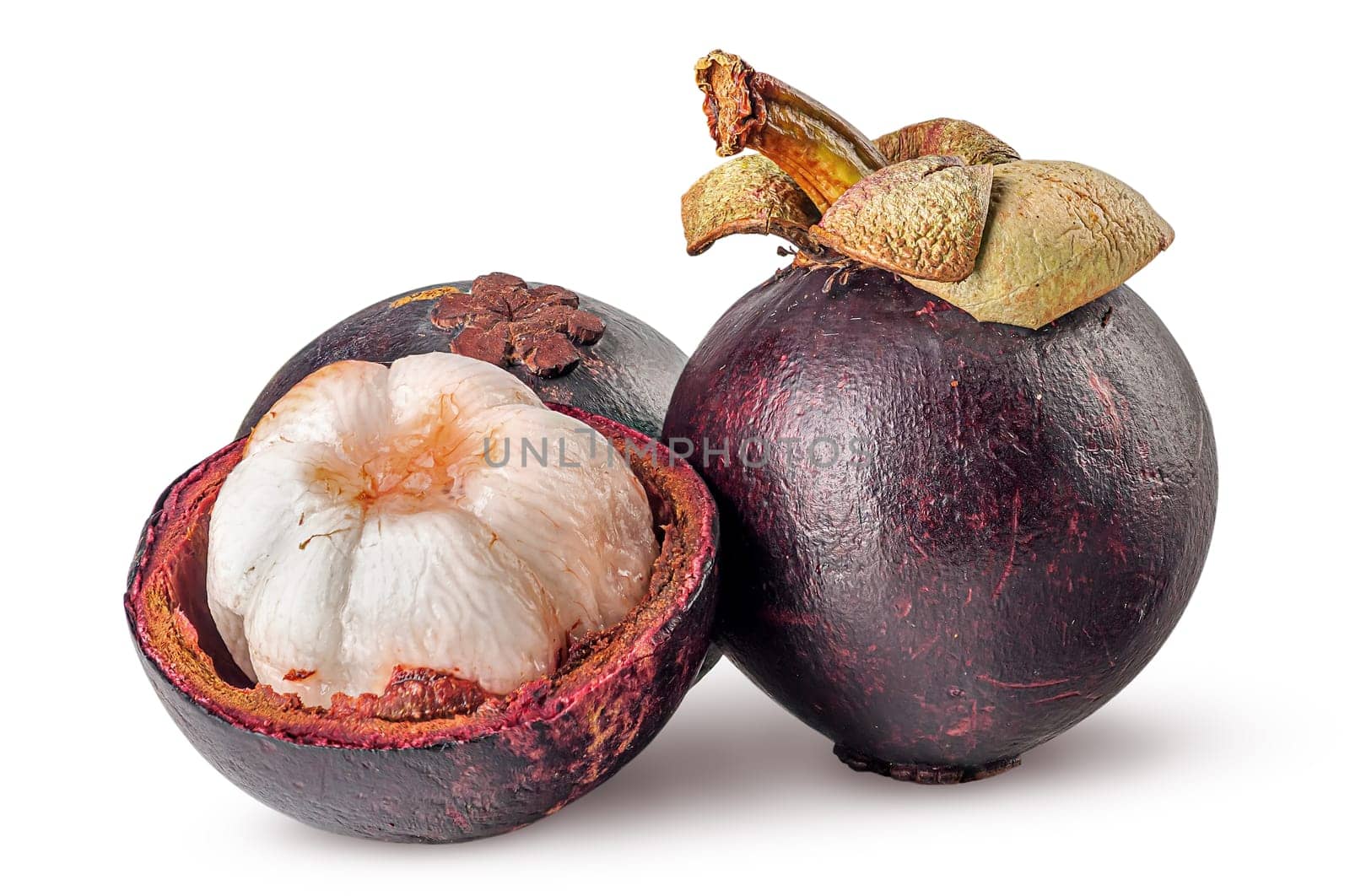 Two whole and opened mangosteen isolated on white background
