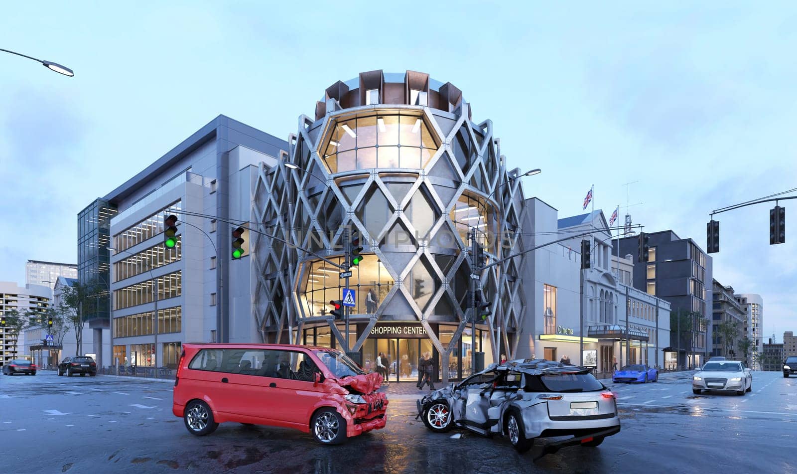 Two cars accident. Crashed cars. A red van against a silver station wagon. In cityscape environment.