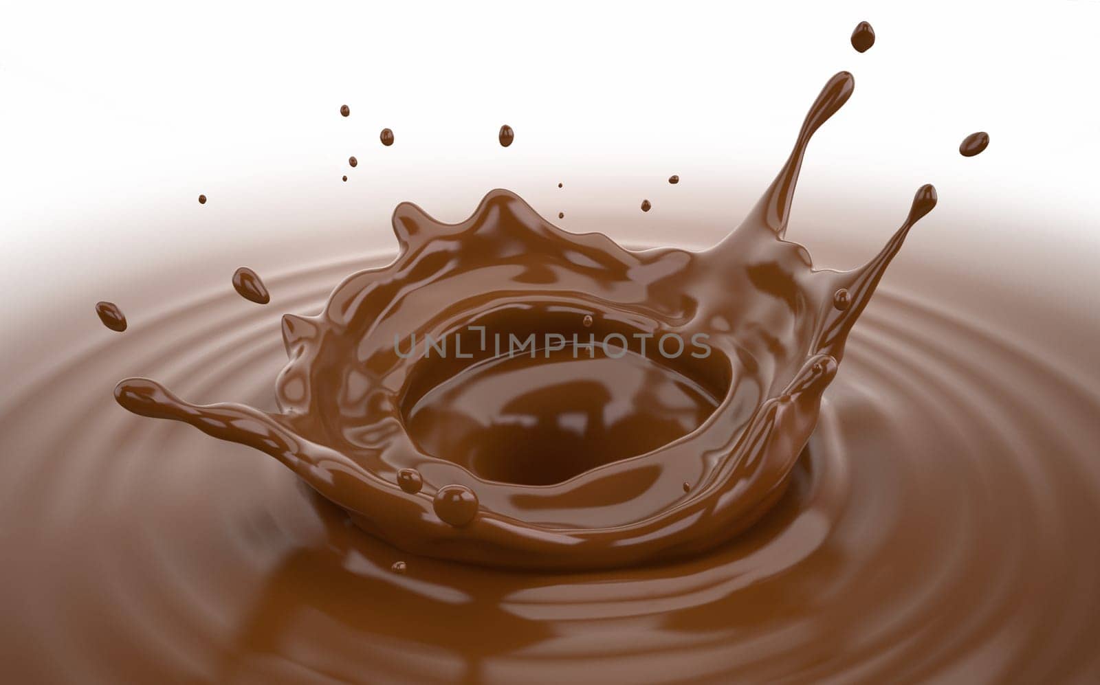 Liquid chocolate crown splash with ripples. Bird eye view. On white background.