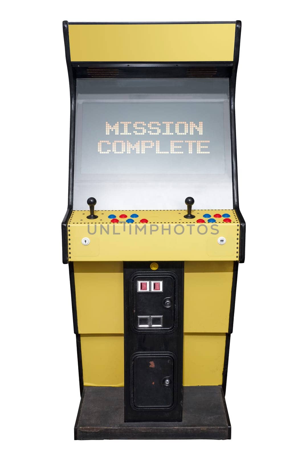 Vintage video game with Mission Complete screen isolated on white