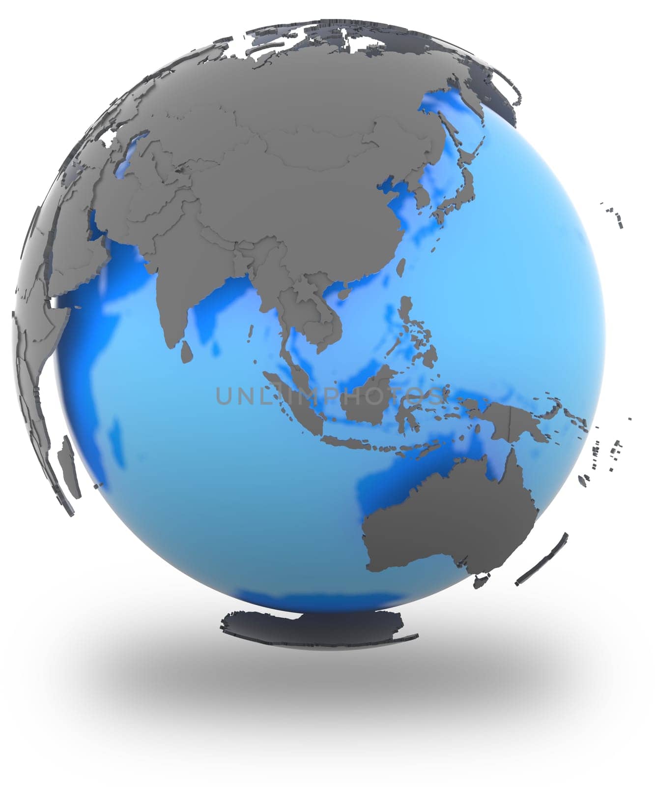 Eastern Hemisphere standing out of blue Earth in grey, isolated on white background