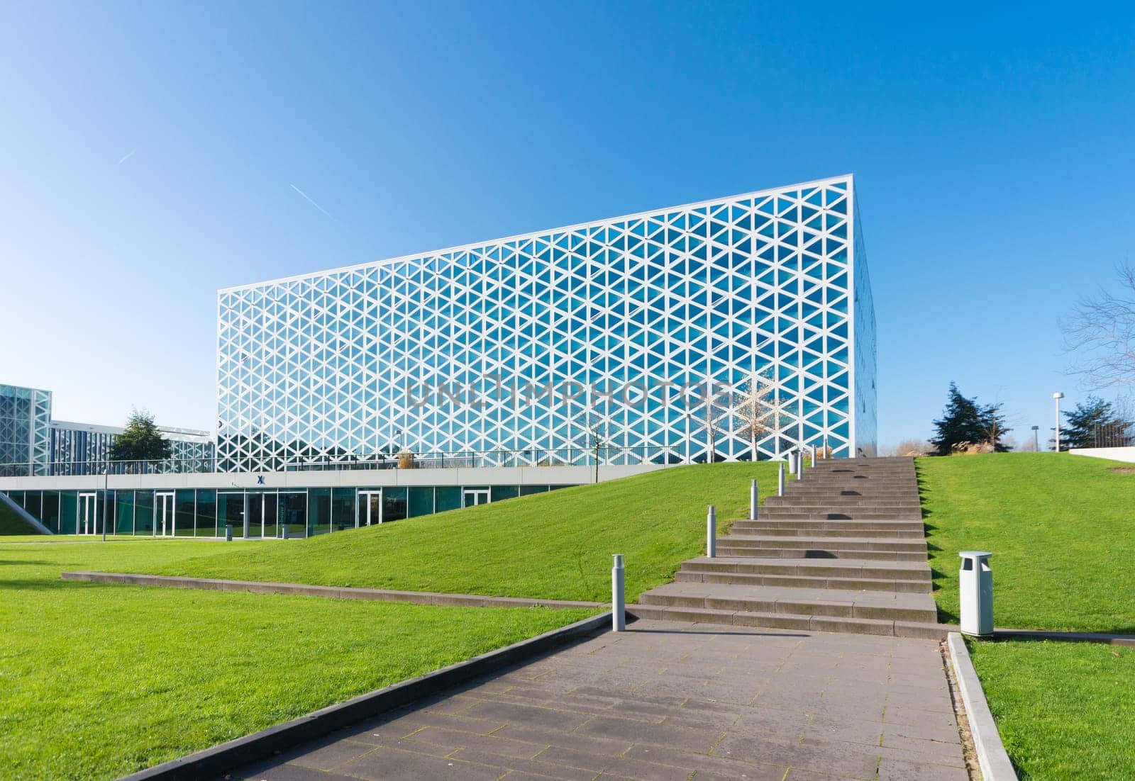 exterior of a modern school building in zwolle, netherlands. In 2011, the X-building was chosen as Building of the Year in the eastern Netherlands.