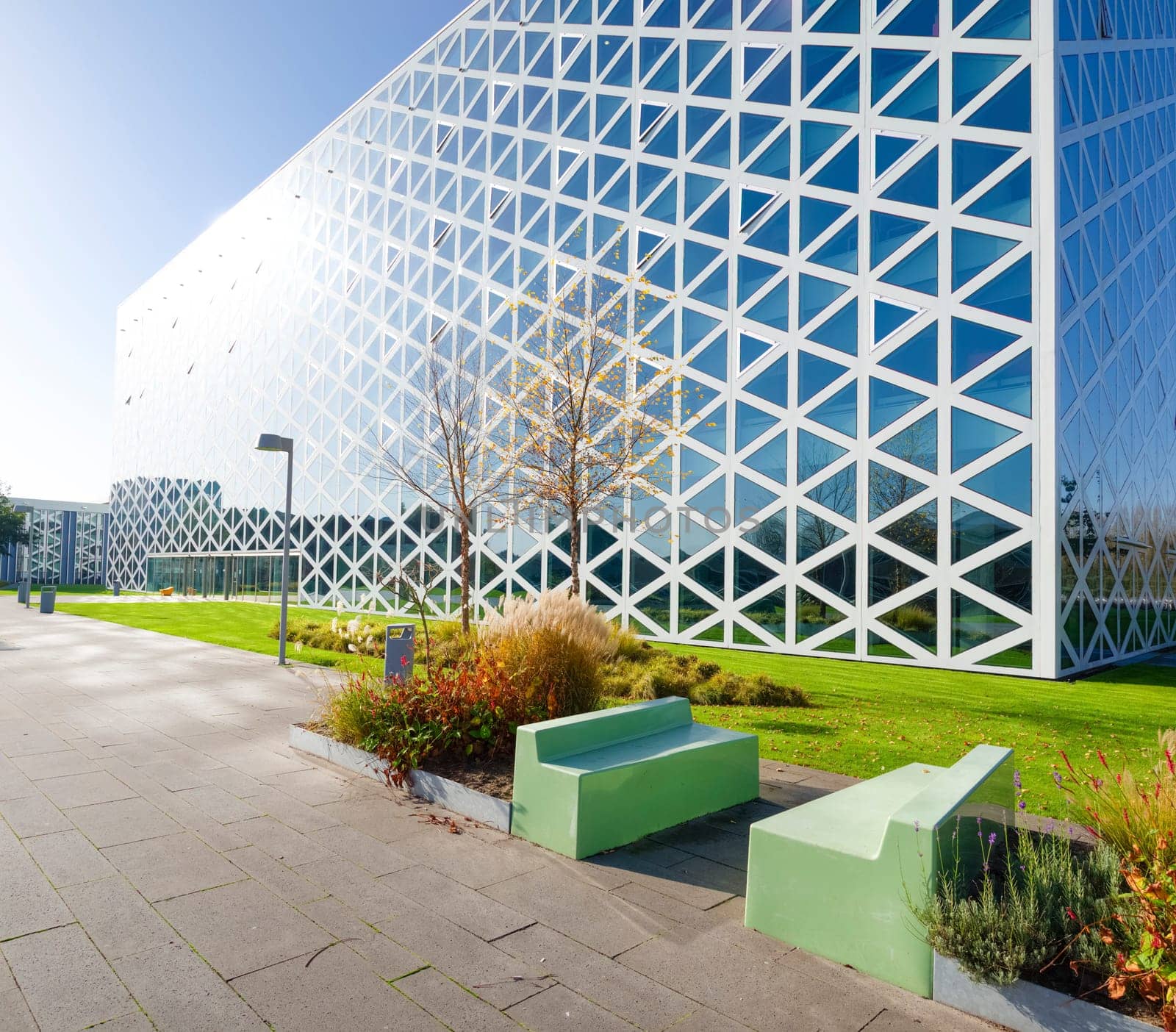 exterior of a modern school building in zwolle, netherlands. In 2011, the X-building was chosen as Building of the Year in the eastern Netherlands.