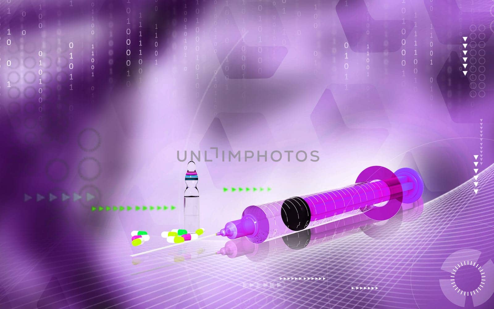Digital illustration of syringe in colour background