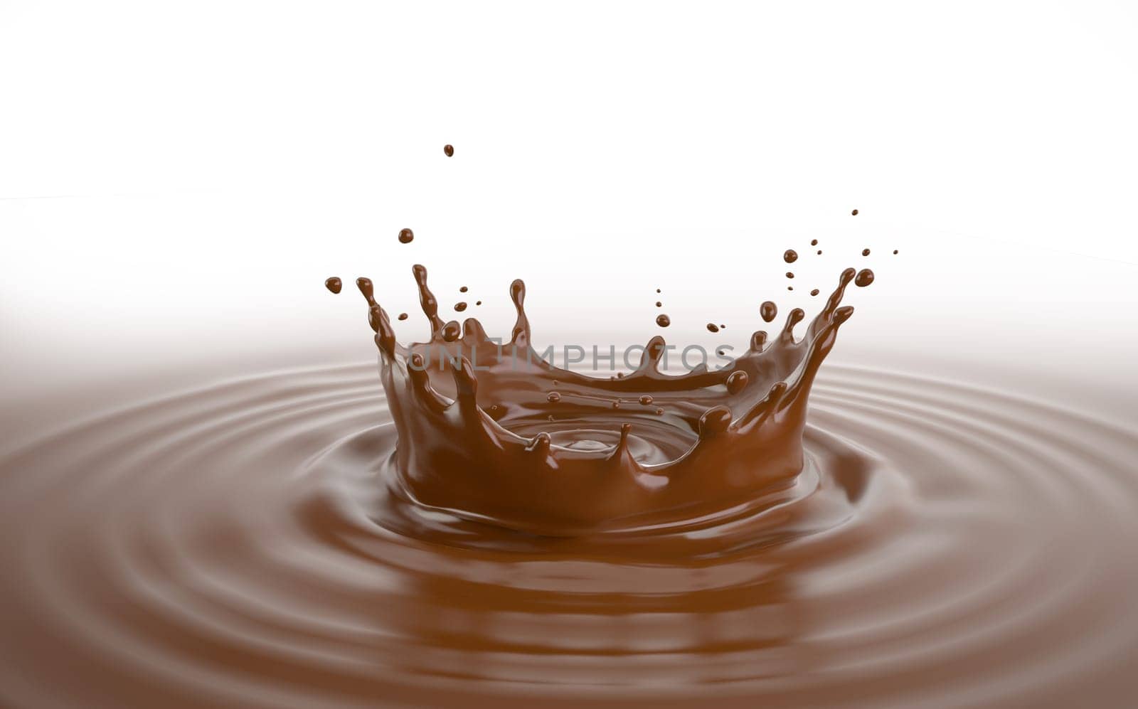 Liquid chocolate crown splash with ripples. Side view. On white background.
