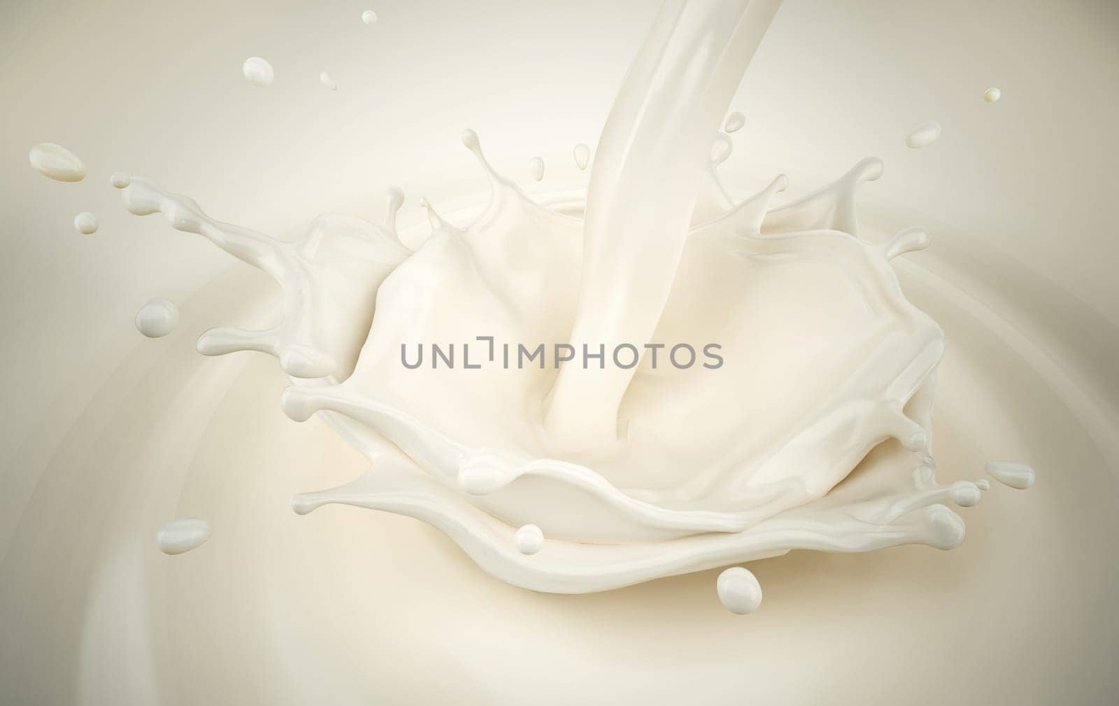 Milk pouring with crown splash in milk pool with ripples.