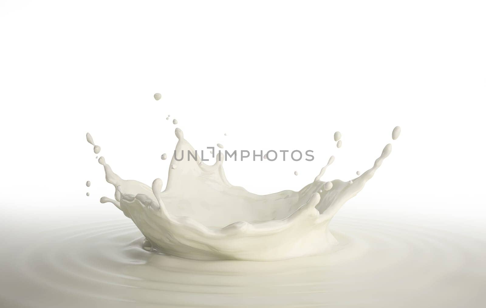 Milk crown splash, splashing in milk pool with ripples. Bird eye view. On white background.