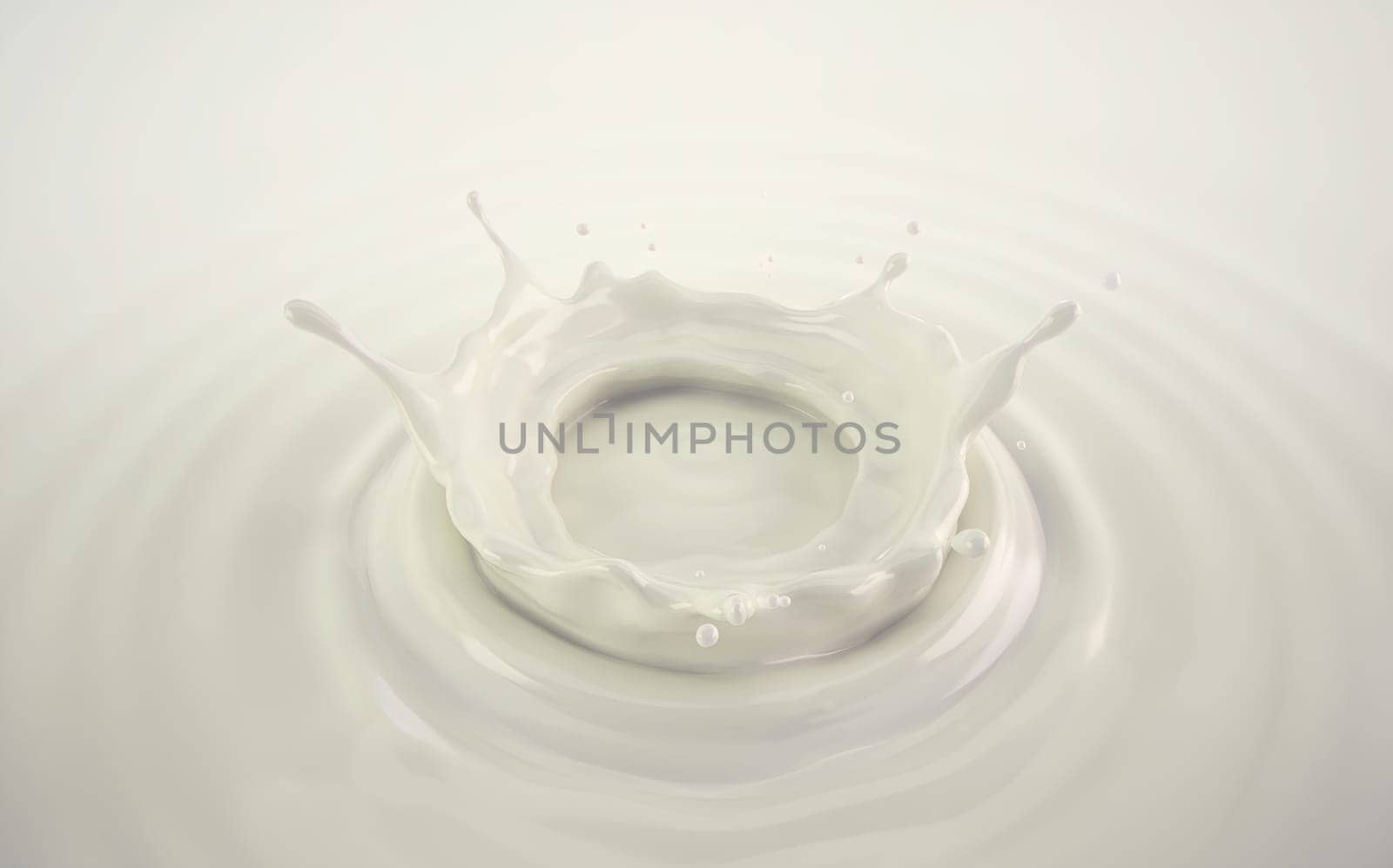 Milk crown splash, splashing in milk pool with ripples. Bird eye view. On white background.
