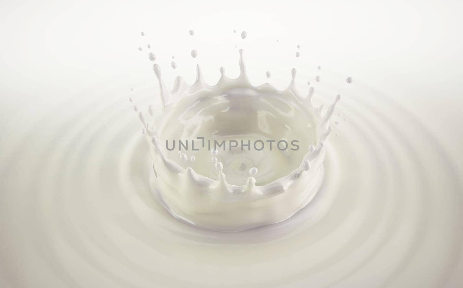 Milk crown splash, splashing in milk pool with ripples. Bird eye view.
