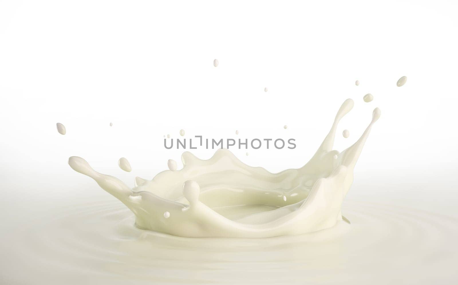 Milk crown splash, splashing in milk pool with ripples. Close up bird eye view. On white background.