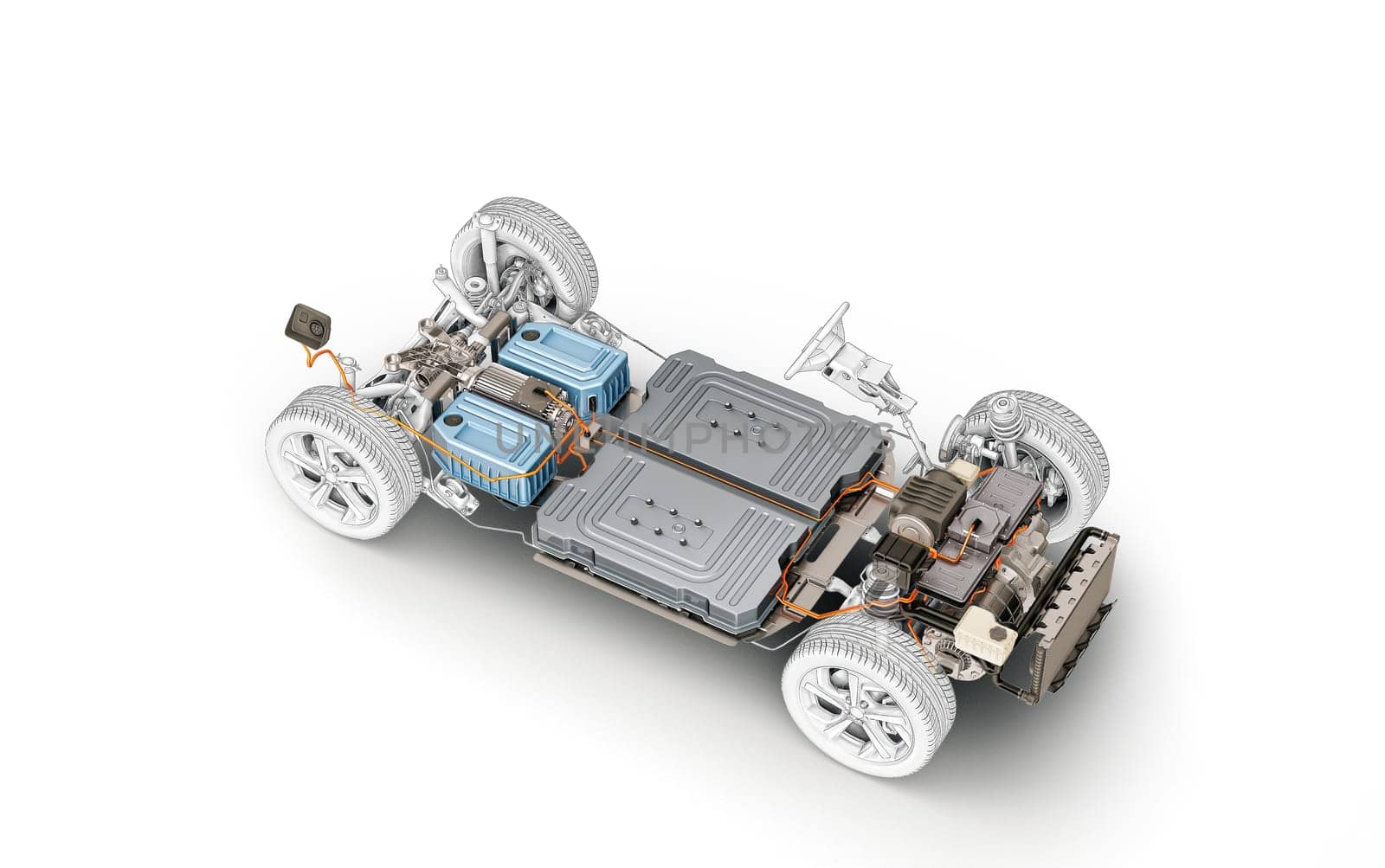 Electric car under carriage chassis. All main details of EV system, on white background.