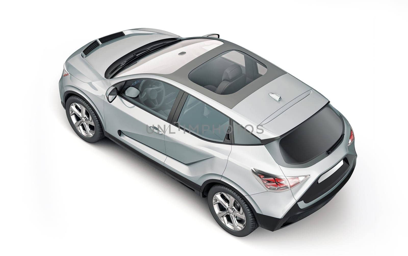Generic electric or hybrid car. Crossover Suv silver color. Viewed from perspective top