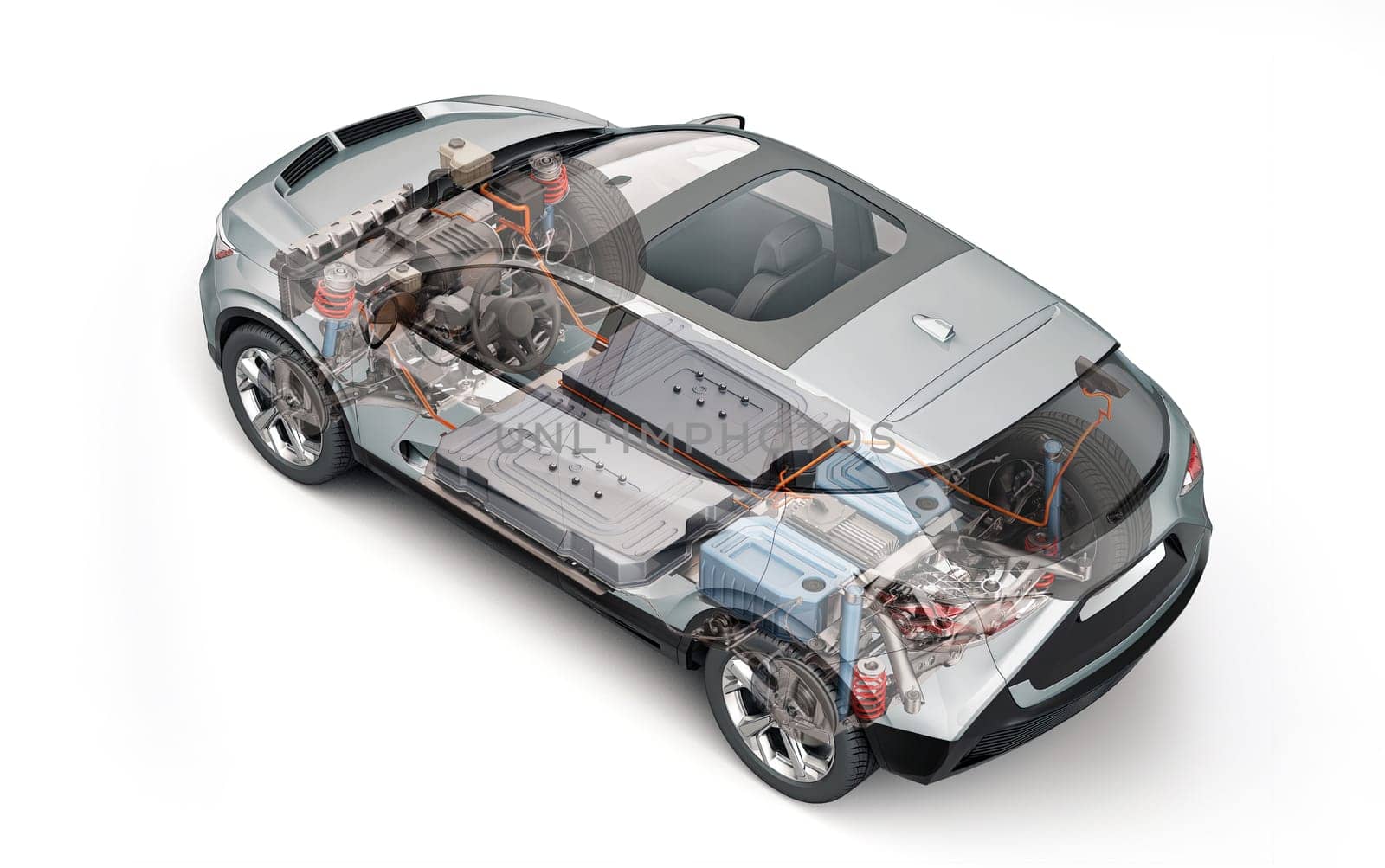 Electric generic car technical cutaway 3d rendering with all main details of EV system in ghost effect. Perspective top view on white background.