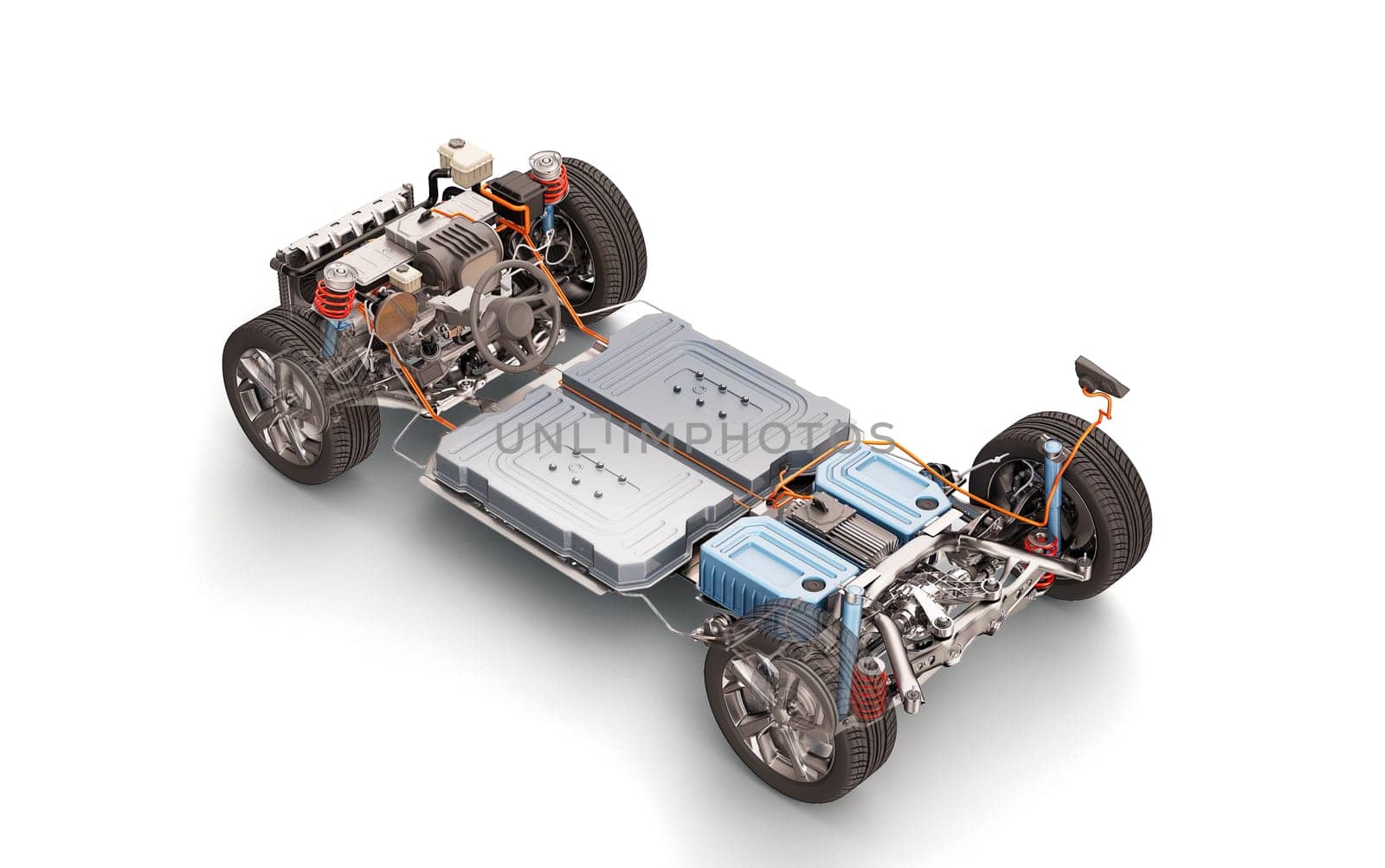 Electric car under carriage chassis. All main details of EV system, on white background.