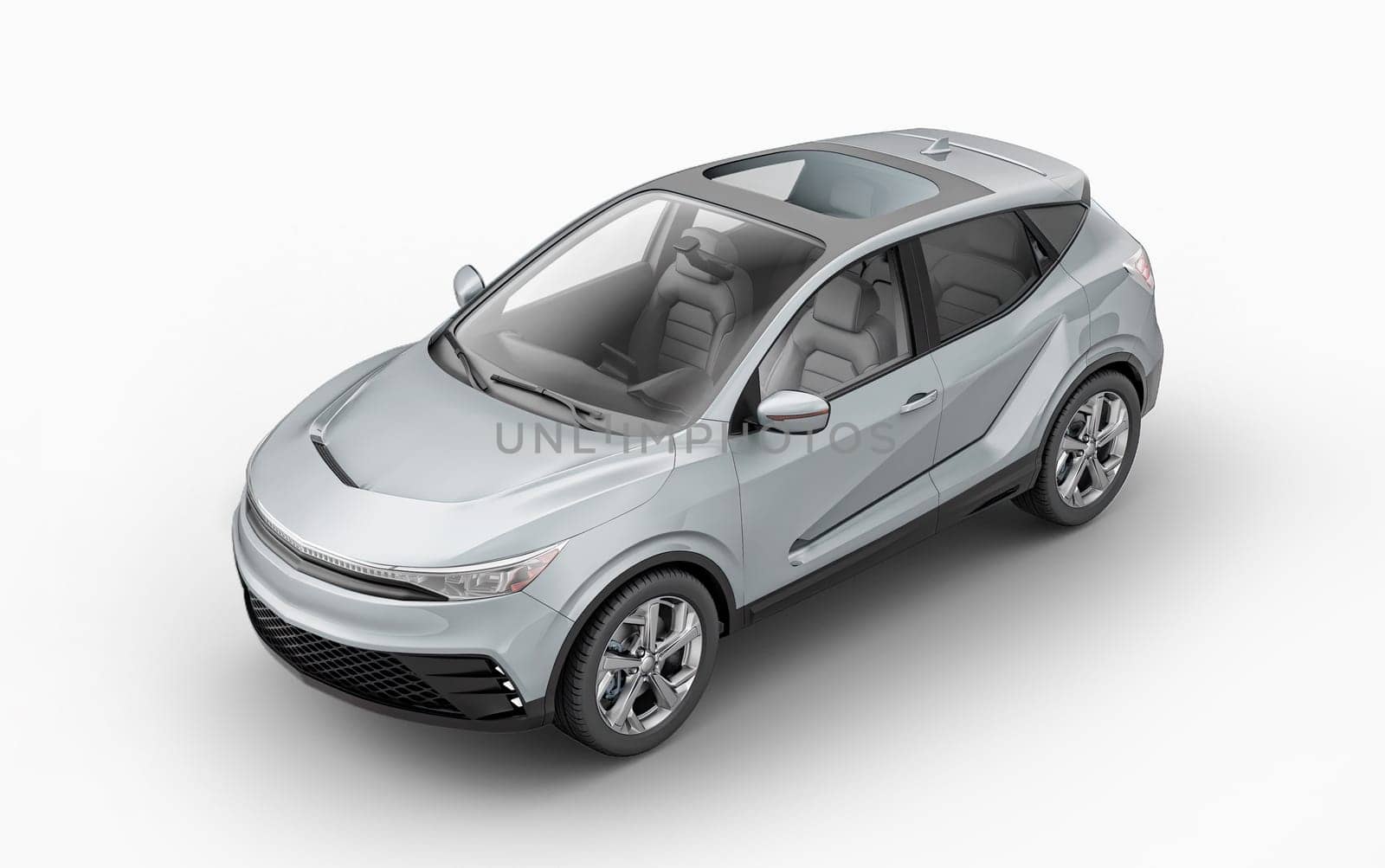 Generic electric or hybrid car. Crossover Suv silver color. Perspective bird eye view.