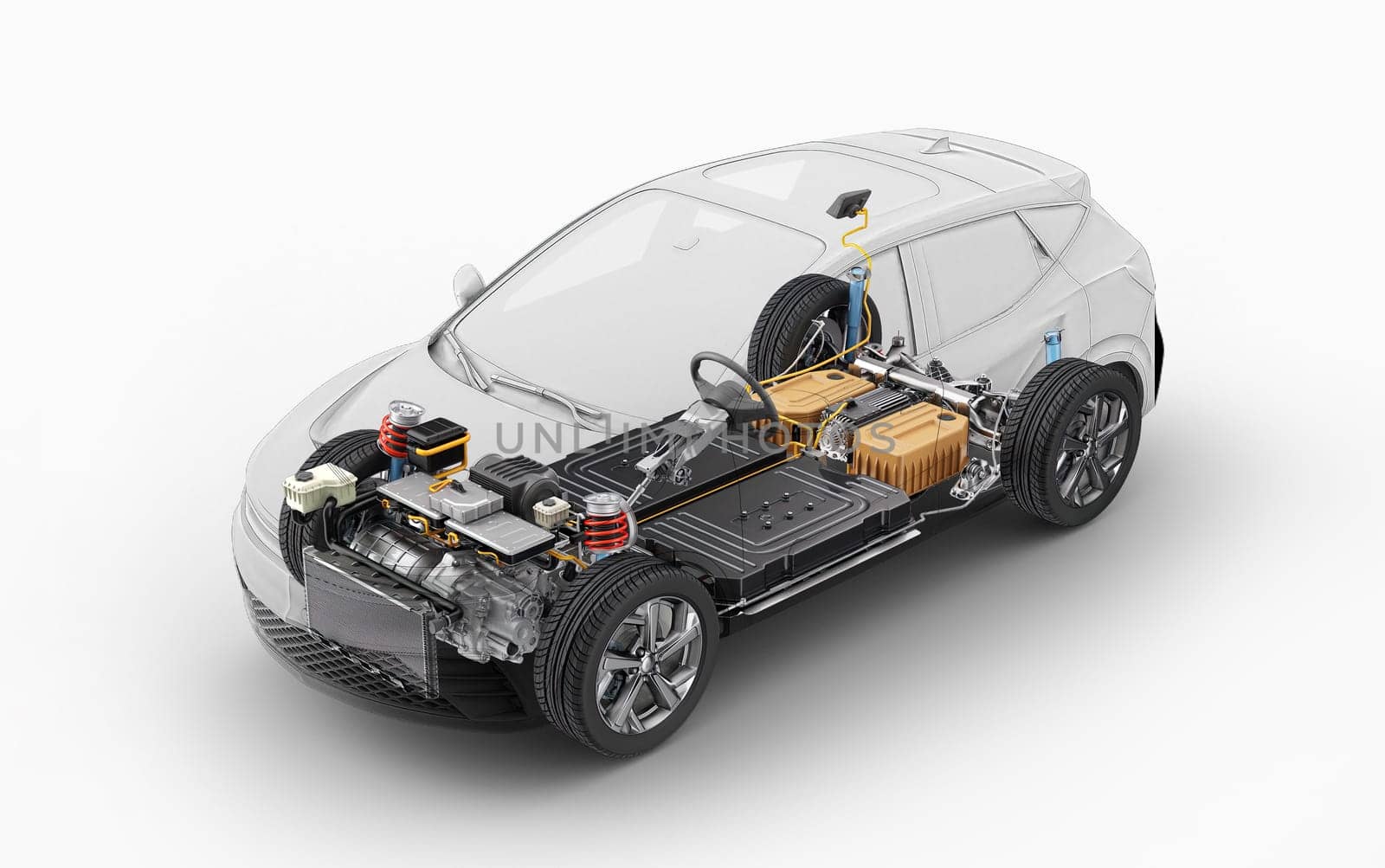 Electric generic car technical cutaway 3d rendering with all main details of EV system in ghost effect with drawing. Perspective bird eye view on white background.