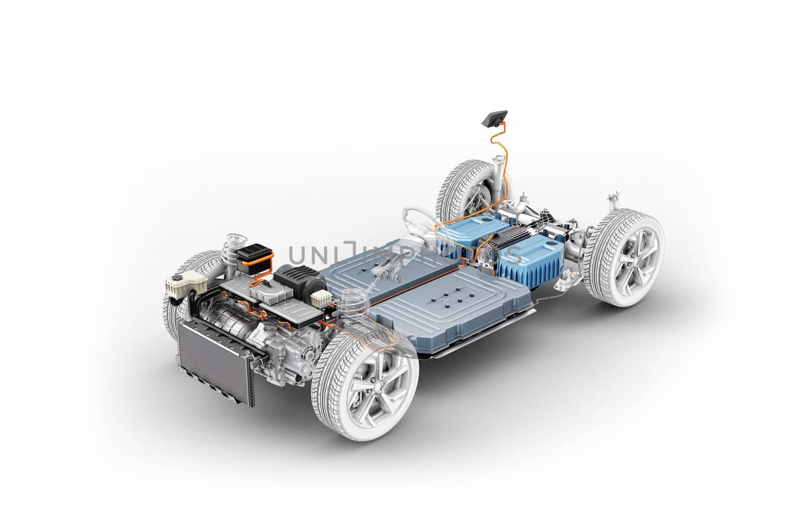 Electric car under carriage chassis. All main details of EV system, on white background.