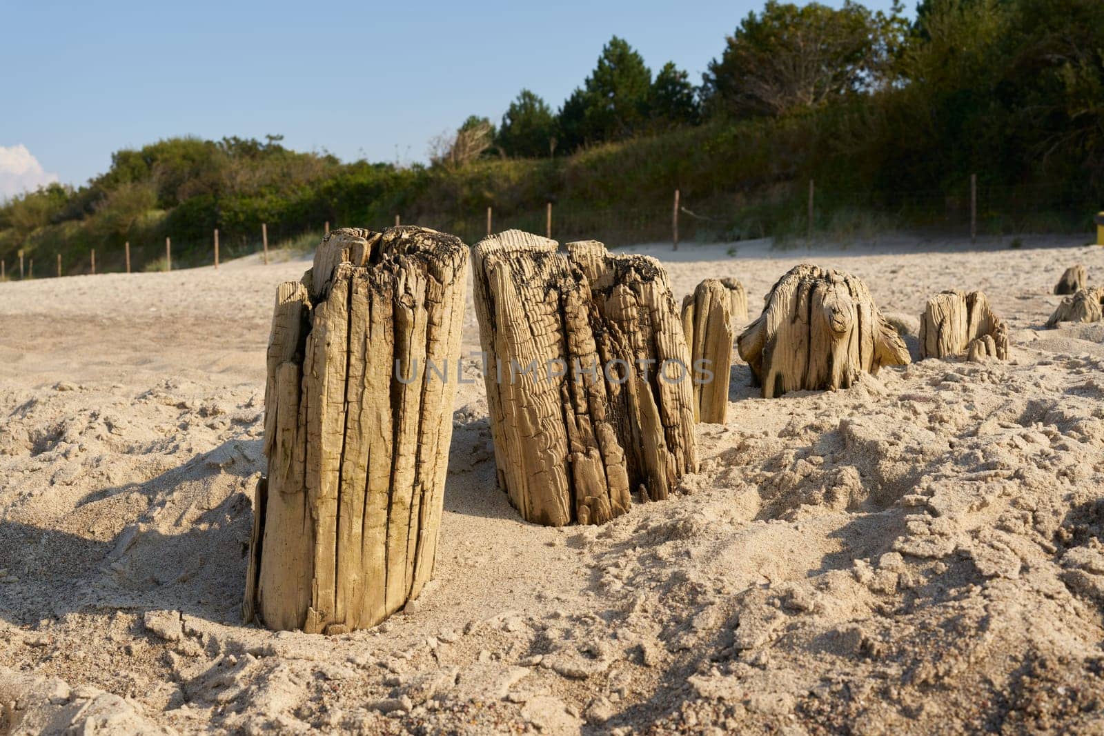 Breakwater on the beach of Kolobrzeg on the coast of the Baltic Sea in Poland