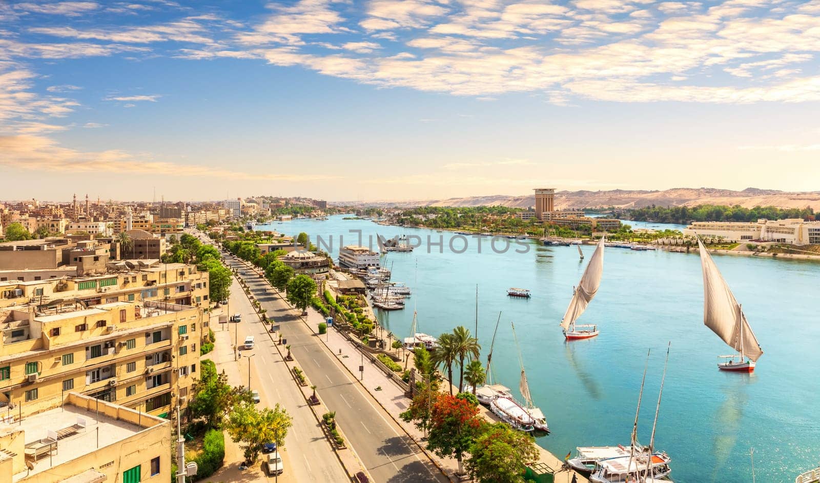Panorama of Aswan and the Nile with sailboats, aerial view, Egypt.