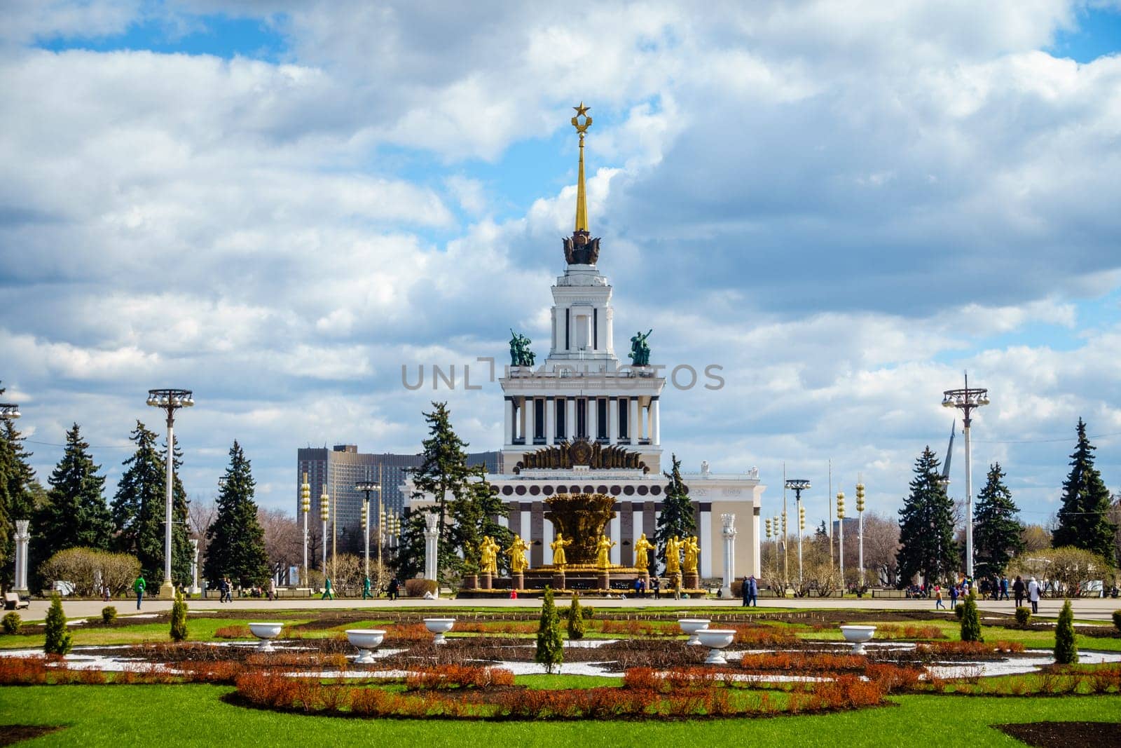 Moscow, Russia, April 23, 2016: Central Pavilion and the Friendship of Nations fountain at the Exhibition of Achievements of National Economy in Moscow, Russia